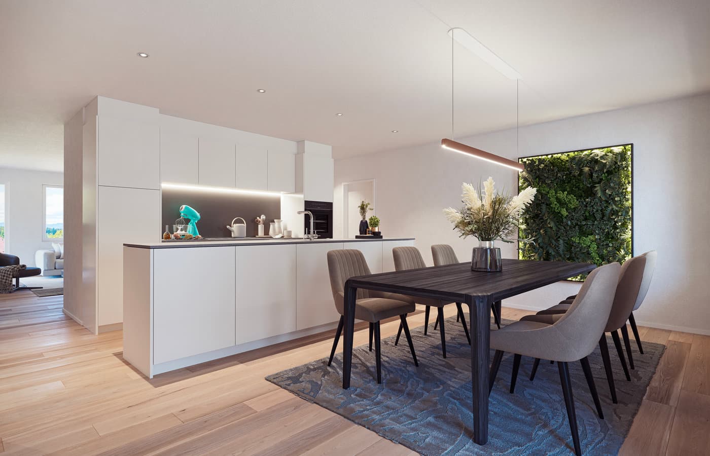 Modernes Esszimmer und Küche in warmen Naturtönen