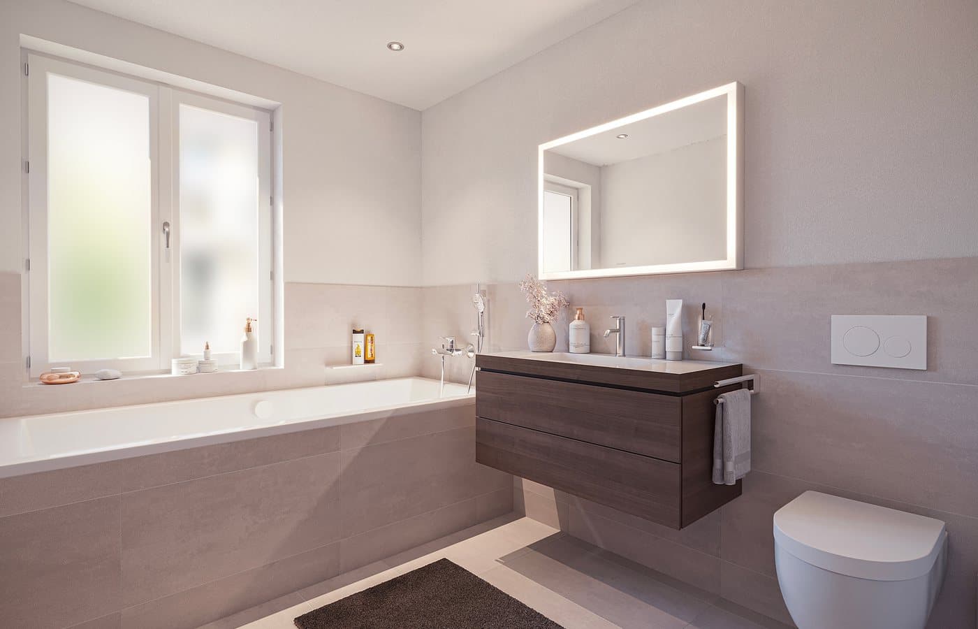 Modernes Badezimmer mit Badewanne, Holzwaschtisch und Naturtönen