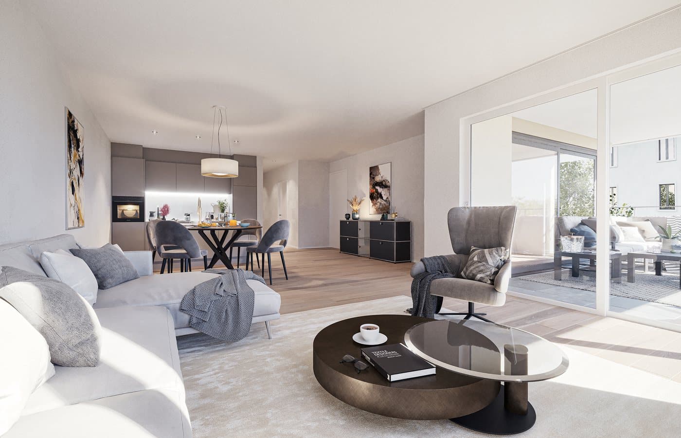 Heller Wohnbereich mit Sofa und grossen Fenstern