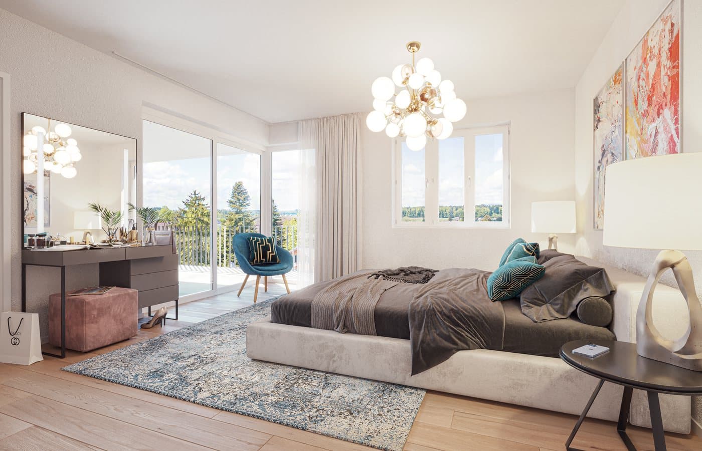 Helles Schlafzimmer mit Bett, bunten Akzenten und Tageslicht