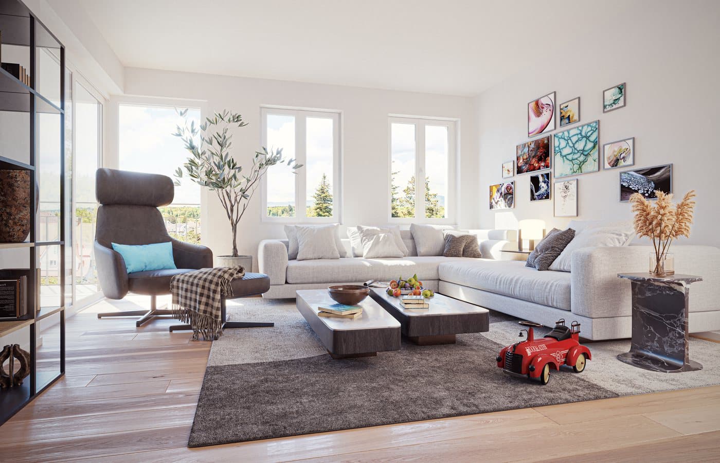 Helles Wohnzimmer mit Sofa, Sessel und Spielzeug